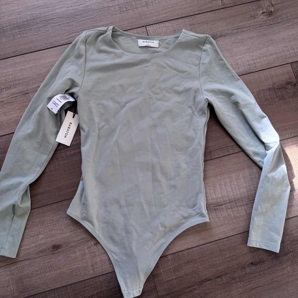 Aritzia Babaton Dusty Sage Green Long Sleeve Bodysuit Contour Round Neck S